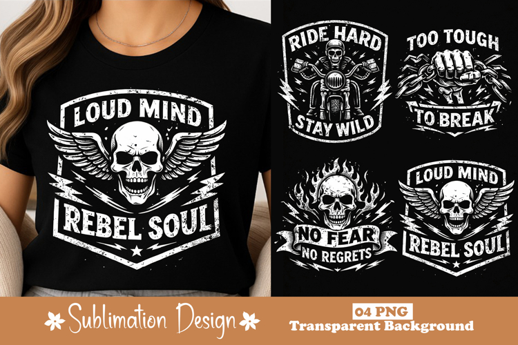 Loud Mind Rebel Soul Skull Wings Sublimation Design PNG