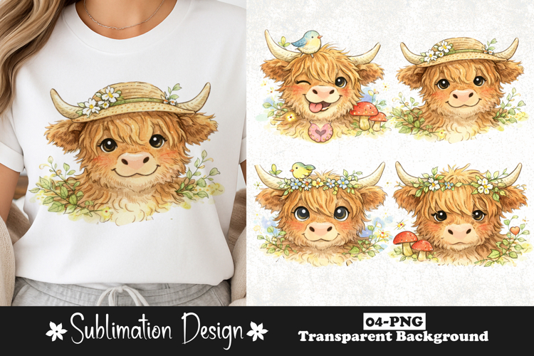 Cute Highland Cow with Hat and Floral Elements Watercolor