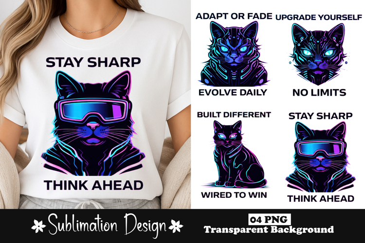Stay Sharp Think Ahead Cyberpunk Cat Neon Graphic Design