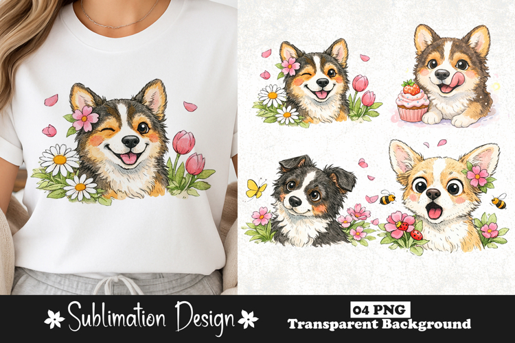 Cute Corgi with Flowers and Spring Elements Watercolor