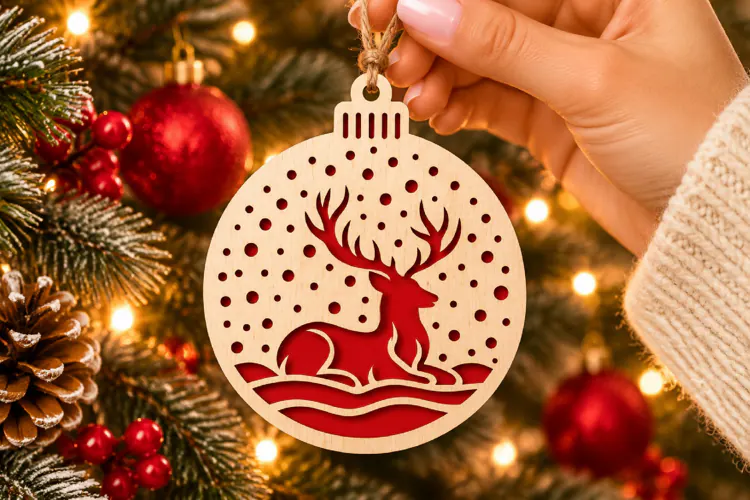 Sitting Reindeer Ornament SVG, Laser Cut Snow Bauble