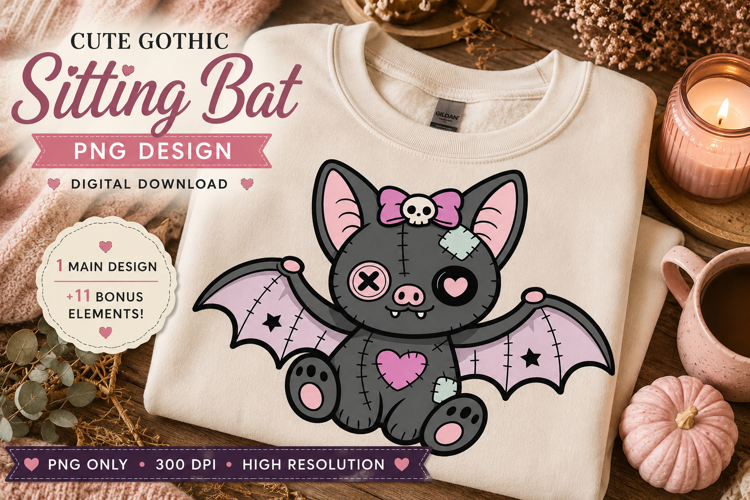 Cute Gothic Sitting Bat PNG Design with 11 Bonus Elements