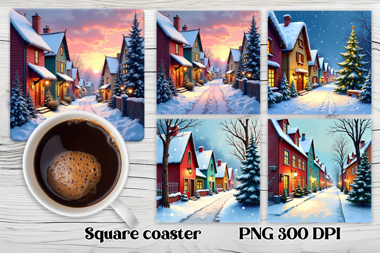 Christmas city square coaster sublimation design example image 1