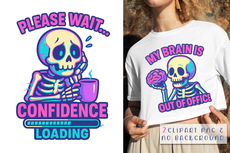 Funny Skeleton Clipart with Brain and Coffee Quotes
