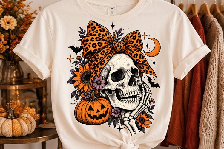 Leopard Bow Skull Halloween PNG, Floral Pumpkin Skull