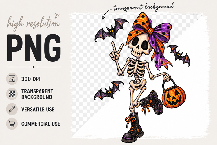 Cute Girly Skeleton Halloween Clipart PNG Design