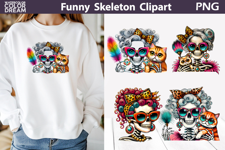 Colorful Funny Skeleton Lady Clipart | Cat Halloween Print