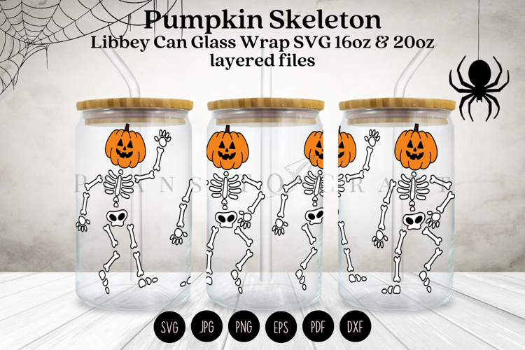 Pumpkin Skeleton Halloween Libbey Glass Can Wrap SVG