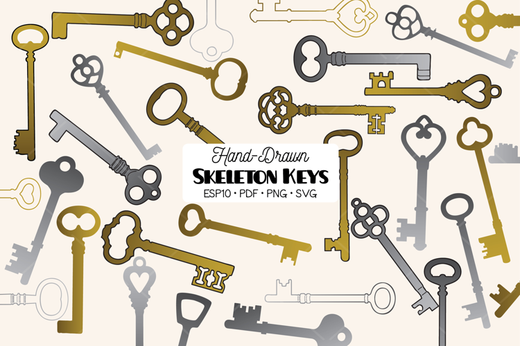 Skeleton Keys Gold & Silver | Hand Drawn Antique Heart Door
