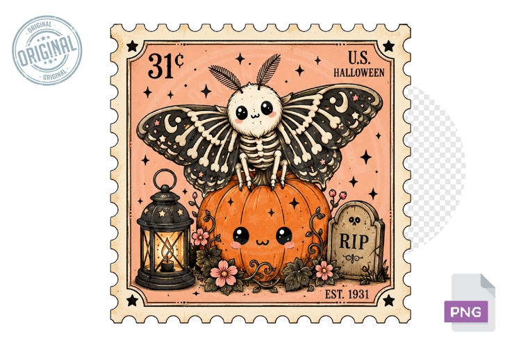 Skeleton Moth Pumpkin Halloween Stamp PNG Sublimation Art