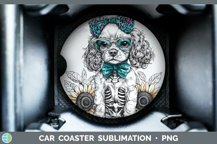Skeleton Puppy Cocker Spaniel Car Coaster Sublimation Coaste