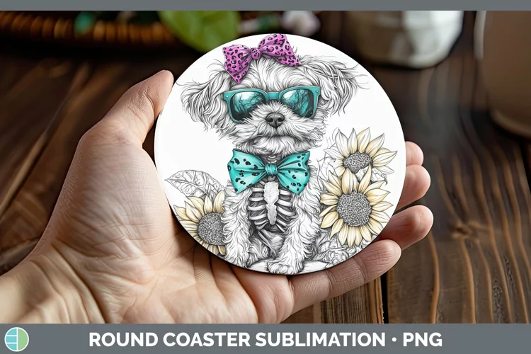 Skeleton Puppy Lhasa Apso Round Coaster Sublimation Coaster