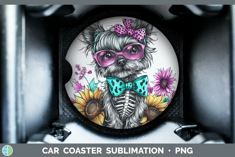 Skeleton Puppy Yorkshire Terrier Car Coaster Sublimation Coa