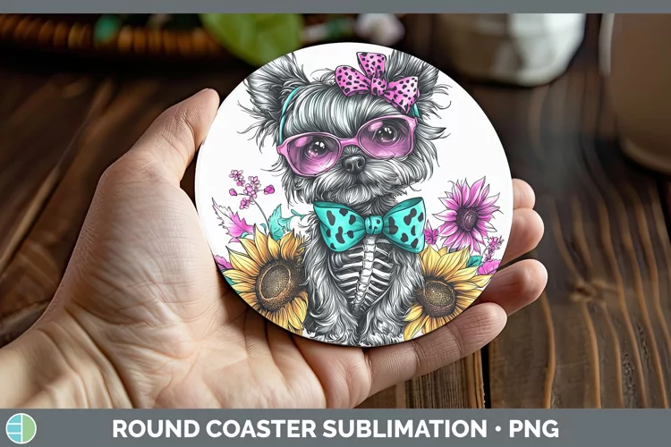 Skeleton Puppy Yorkshire Terrier Round Coaster Sublimation C