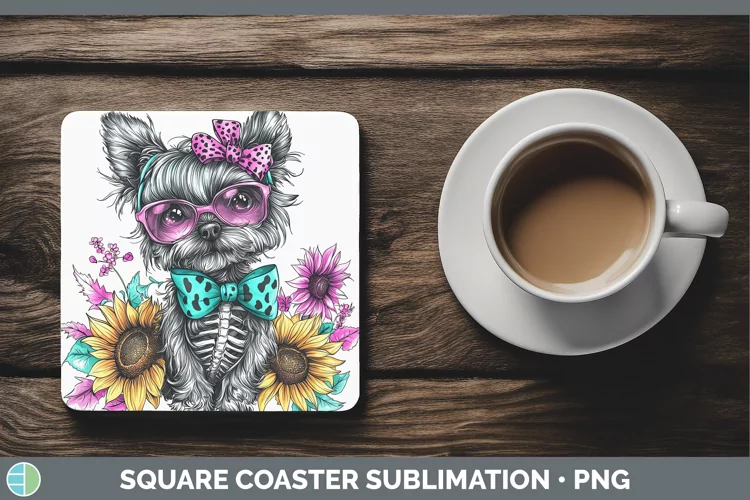 Skeleton Puppy Yorkshire Terrier Square Coaster Sublimation