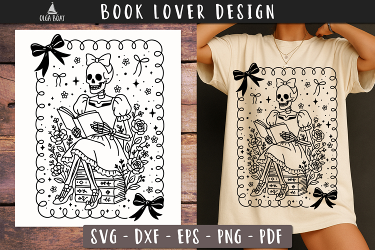 Skeleton reading SVG Victorian Book Lover design