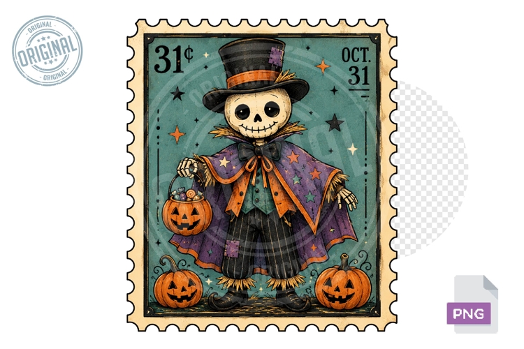 Skeleton Scarecrow Halloween Stamp PNG Sublimation Design