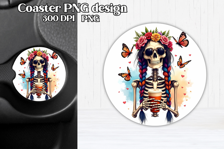 Skeleton mom car coaster sublimation | Round coaster PNG
