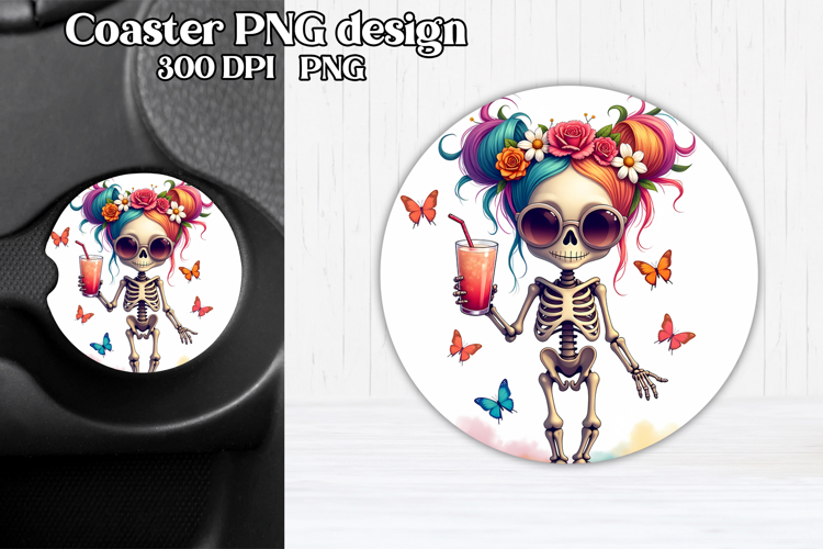 Skeleton mom car coaster sublimation | Round coaster PNG