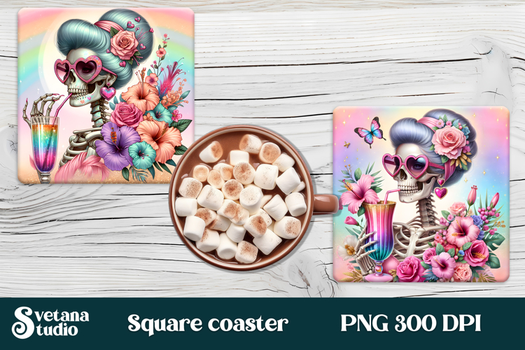 Skeleton mom square coaster | Skull with flowers coaster