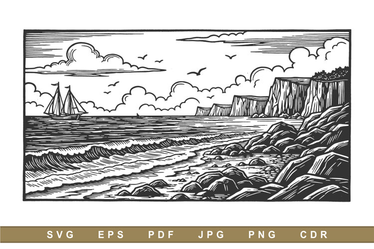 Sketch Illustration Coastal cliffs meet rocky SVG example image 1