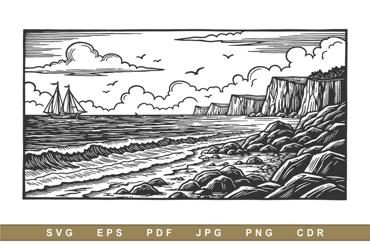 Sketch Illustration Coastal cliffs meet rocky SVG