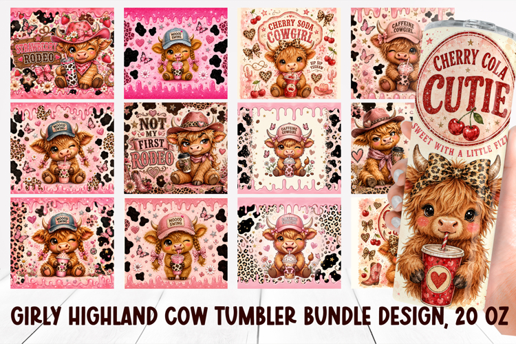 Girly Highland Cow Tumbler Wrap PNG 20oz