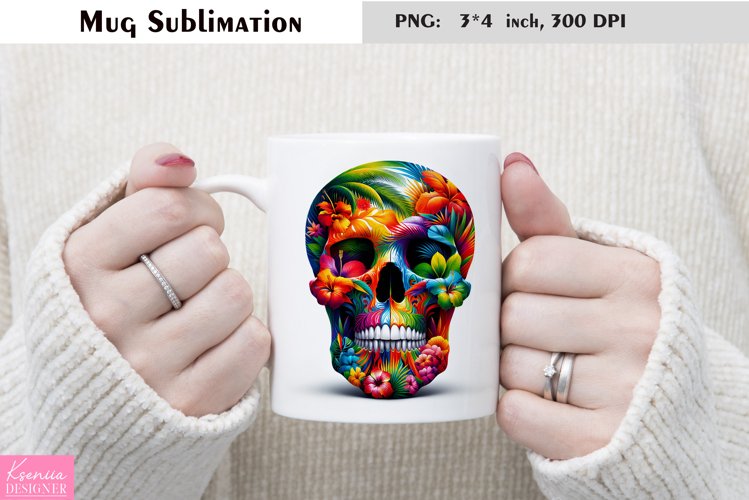 Watercolor Floral Skull Mug Sublimation example image 1