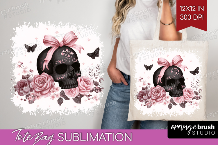 Skull Cute Tote Bag Pink Halloween Tote Bag PNG Sublimation