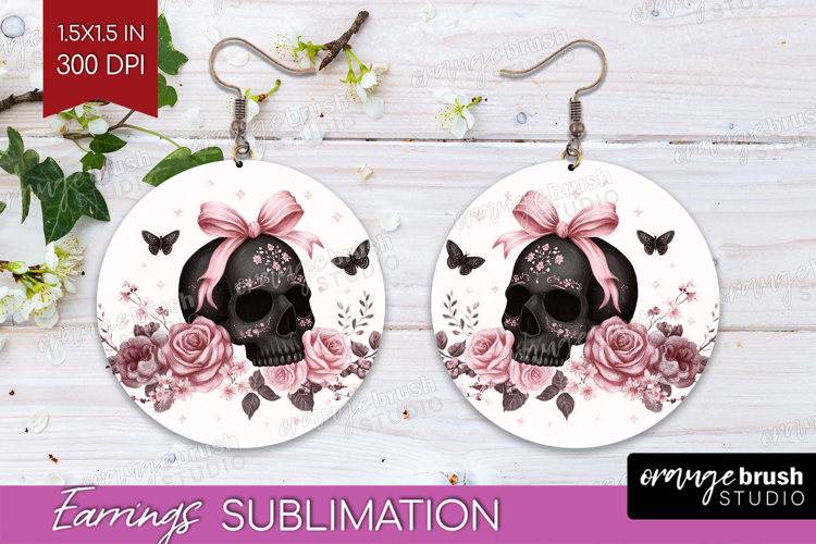 Skull Cute Round Earrings Pink Halloween PNG Sublimation