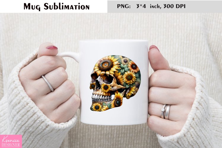 Watercolor Floral Skull Mug Sublimation example image 1