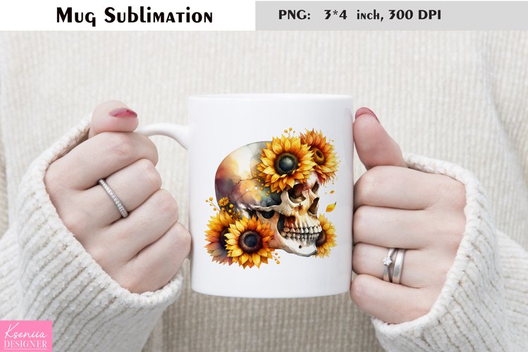 Watercolor Floral Skull Mug Sublimation example image 1