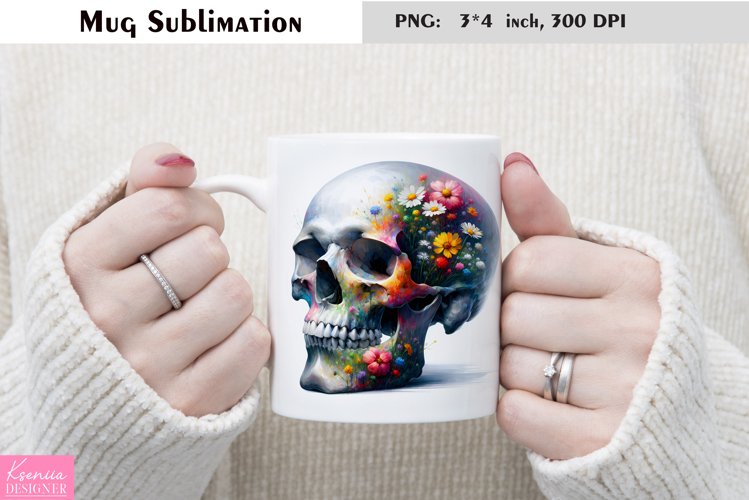 Watercolor Floral Skull Mug Sublimation example image 1