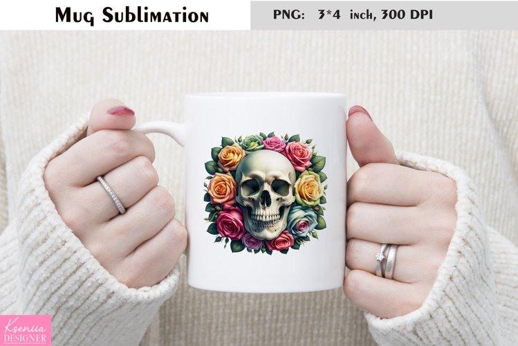 Watercolor Peony Flower Skull Mug Sublimation example image 1