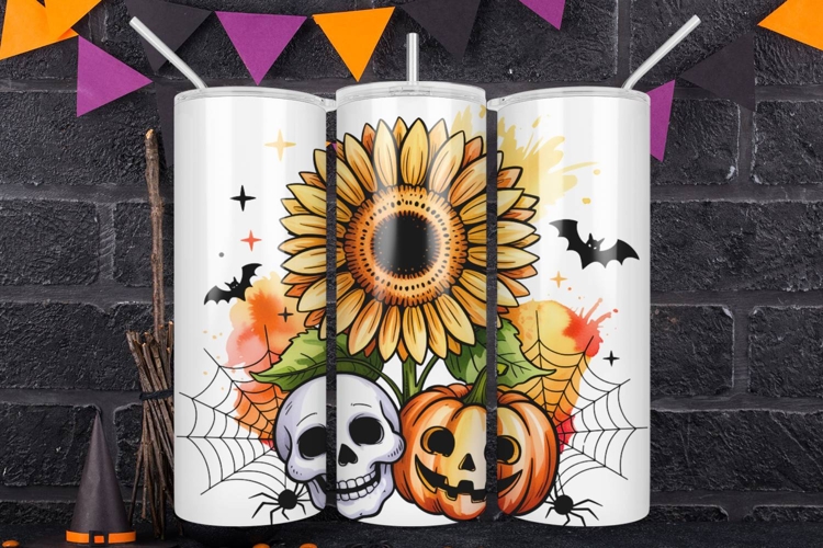 Skull Pumpkin and Sunflower Watercolor Skinny Tumbler Wrap