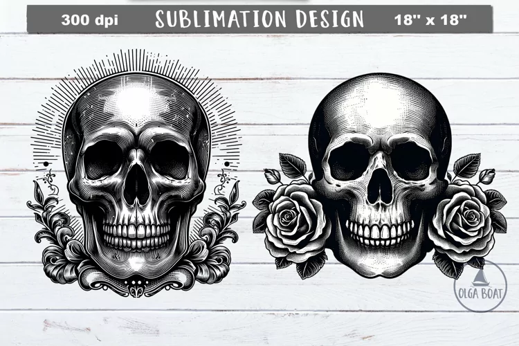 Skull black and white clipart | Vintage skull roses