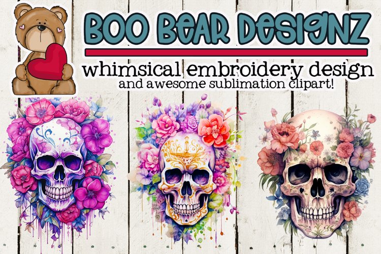 Watercolor Floral Skull Sublimation example image 1