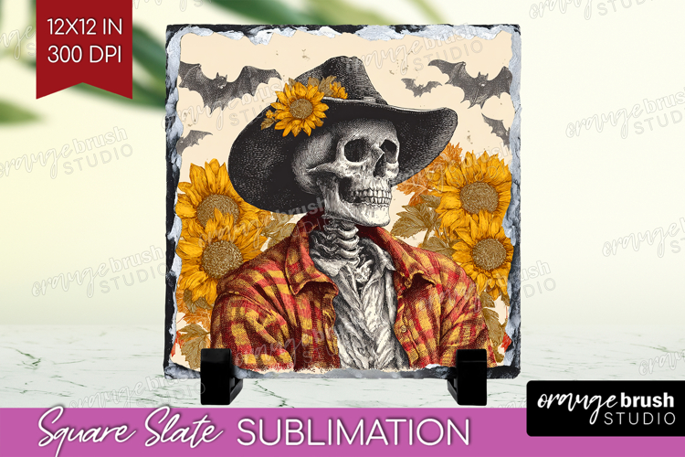 Skull Cowbow Halloween Slate PNG Spooky Season Square Slate