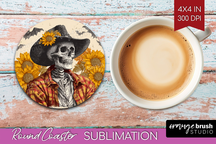 Skull Cowbow Halloween Round Coaster Spooky Season Coaster