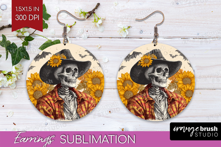 Skull Cowbow Halloween Round Earrings Spooky Season PNG