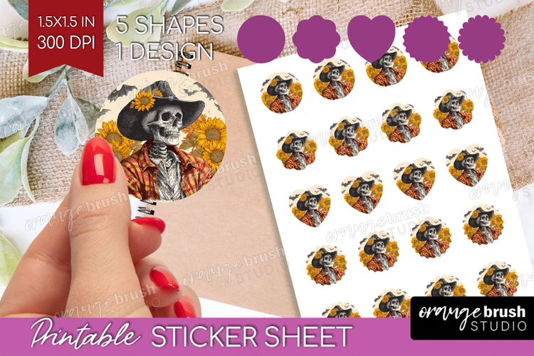 Skull Cowbow Halloween Round Sticker Spooky Season Printable