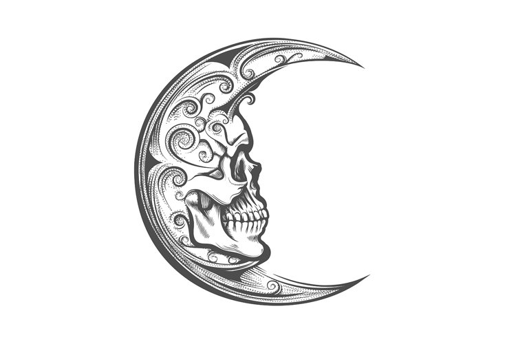Skull Face Crescent Moon Tattoo in Engraving Style