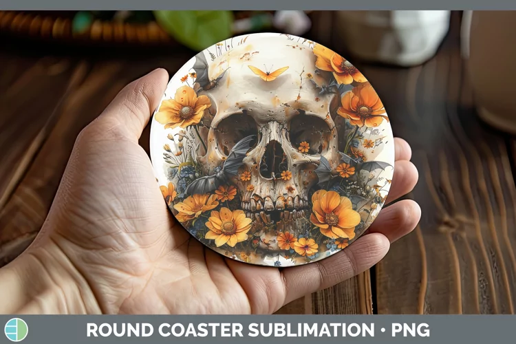 Skull Flowers 01 Buttercup Round Coaster Sublimation Coaster