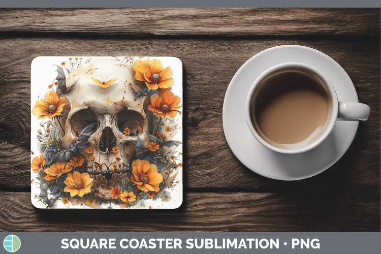 GorgeousSkull Flowers 01 Square Coaster design.