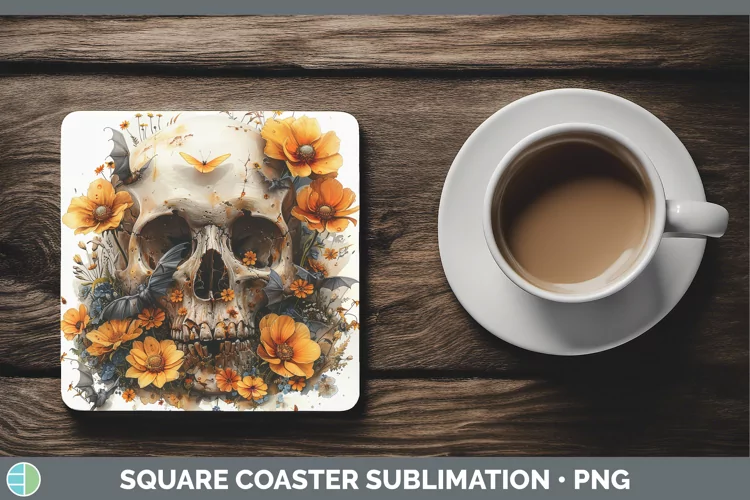 Skull Flowers 01 Buttercup Square Coaster Sublimation Coaste
