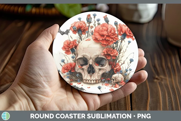 Skull Flowers 01 Carnation Round Coaster Sublimation Coaster