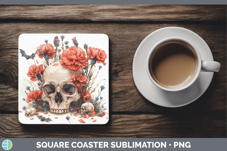 GorgeousSkull Flowers 01 Square Coaster design.