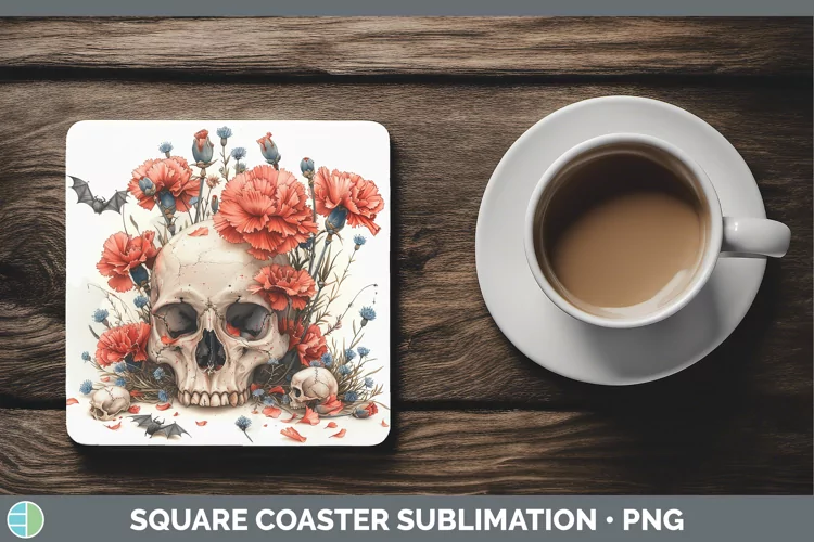 Skull Flowers 01 Carnation Square Coaster Sublimation Coaste