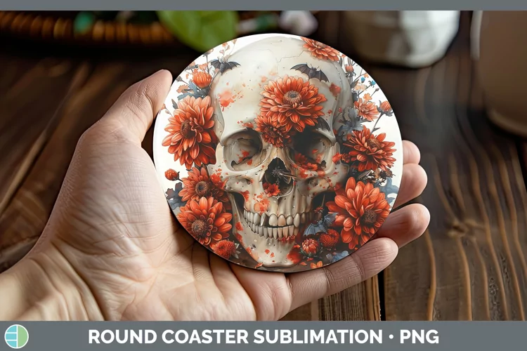 Skull Flowers 01 Chrysanthemum Round Coaster Sublimation Coa