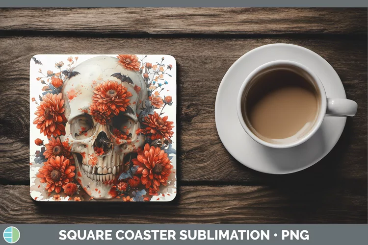 Skull Flowers 01 Chrysanthemum Square Coaster Sublimation Co